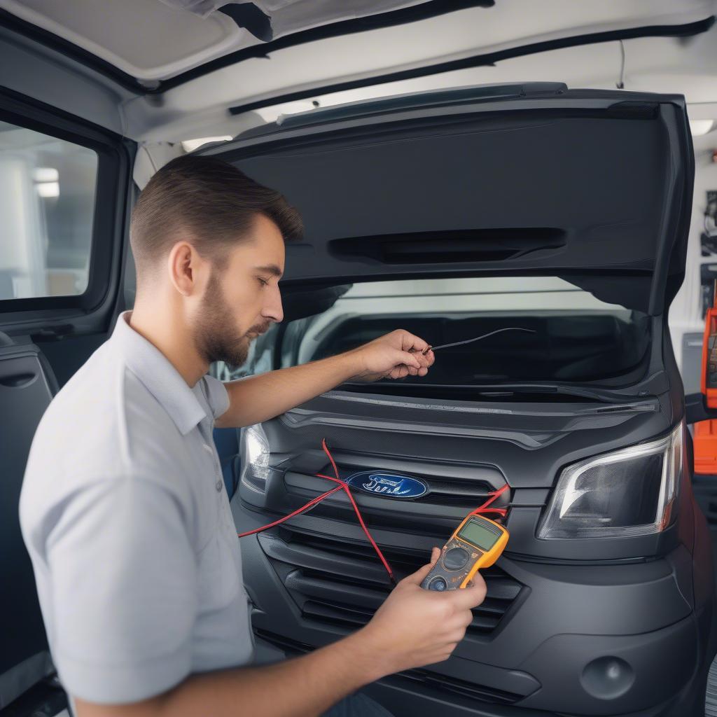 Kỹ thuật viên âm thanh ô tô kiểm tra cổng AUX trên Ford Transit