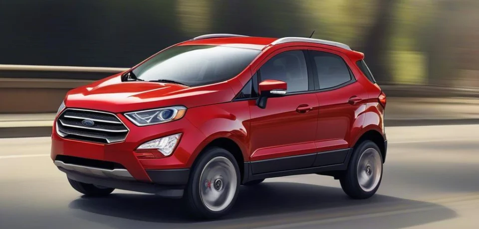 Ford Ecosport 2018 màu đỏ đô đang di chuyển trên đường. Bên cạnh là thông tin về giá lăn bánh.