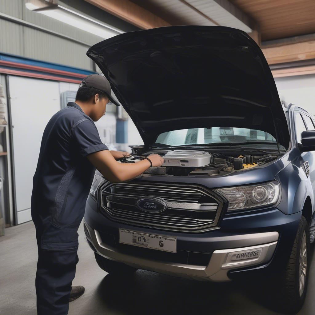 Kỹ thuật viên kiểm tra động cơ Ford Everest